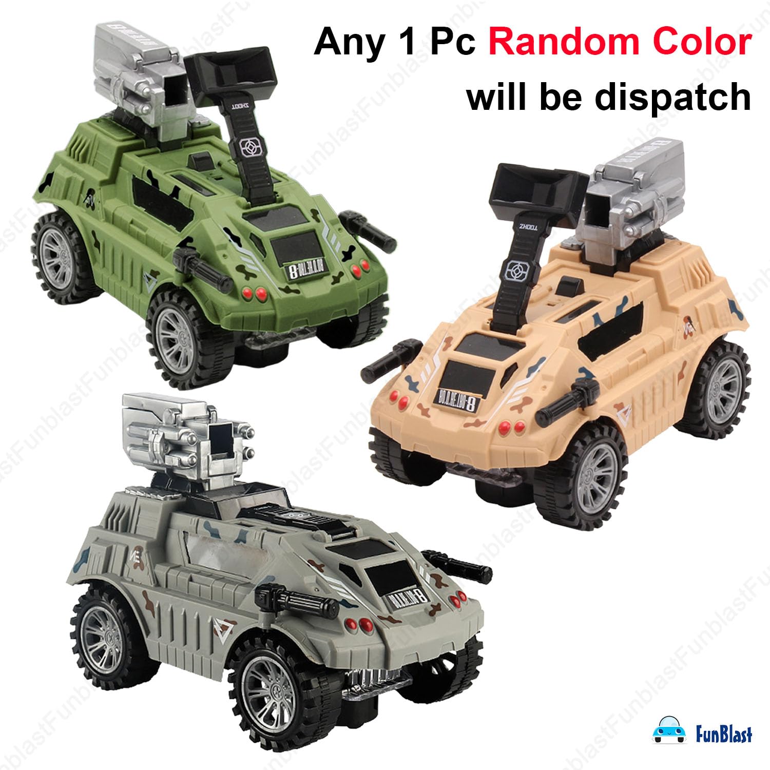 FunBlast Armored Vehicles Trucks Toys - 360 Degree Rotating Army Trucks Toys with Shooting, Military Truck Toy for Kids, Army Truck Toy with Light & Sound for 3+ Years Kids, Boys (Random Color) 1