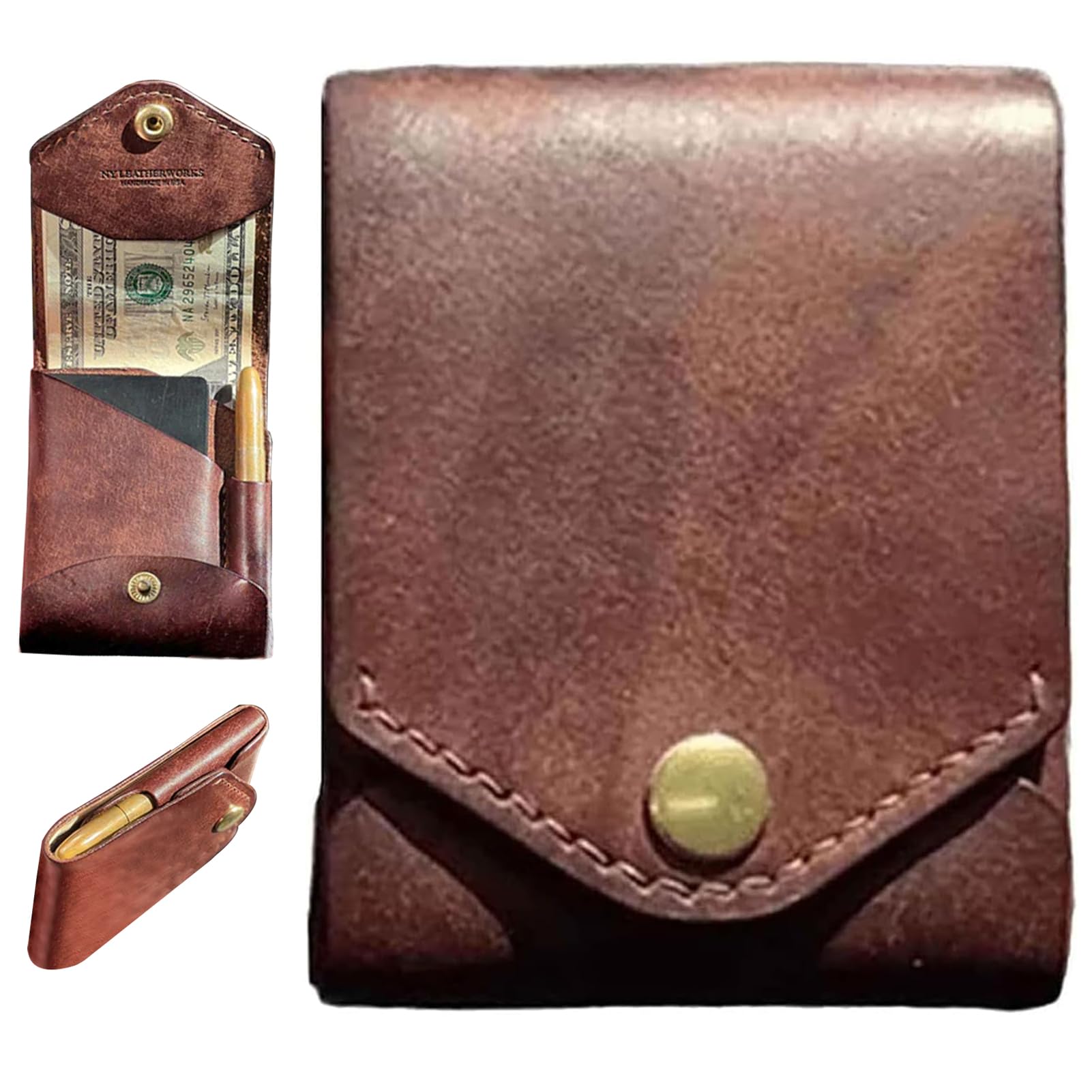 Multifunctional Compact Wallet, Handmade Leather Wallet for Men, Small Slim Thin Compact Credit Card Fully Functional Wallet (1pcs wallet + 1pcs pen)