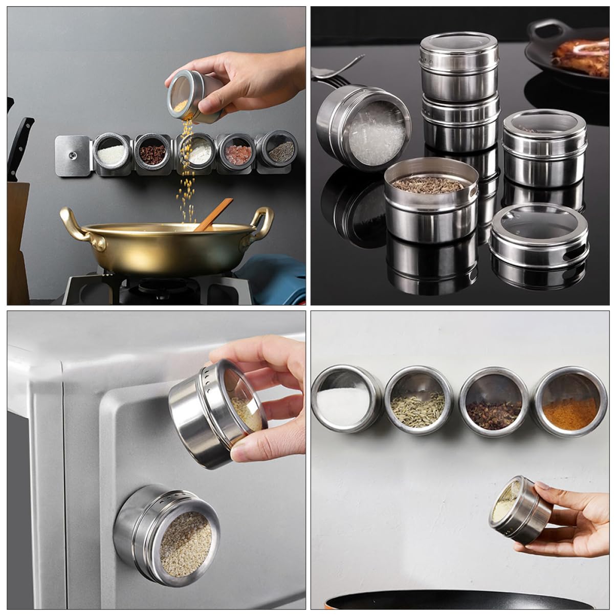 Mikikit Boîte à Épices Magnétique Lot de 8 Pièces en Acier Inoxydable Argenté avec Étiquettes, Couvercles Transparents et Design Double Tamis, Rangement Suspendu Cuisine