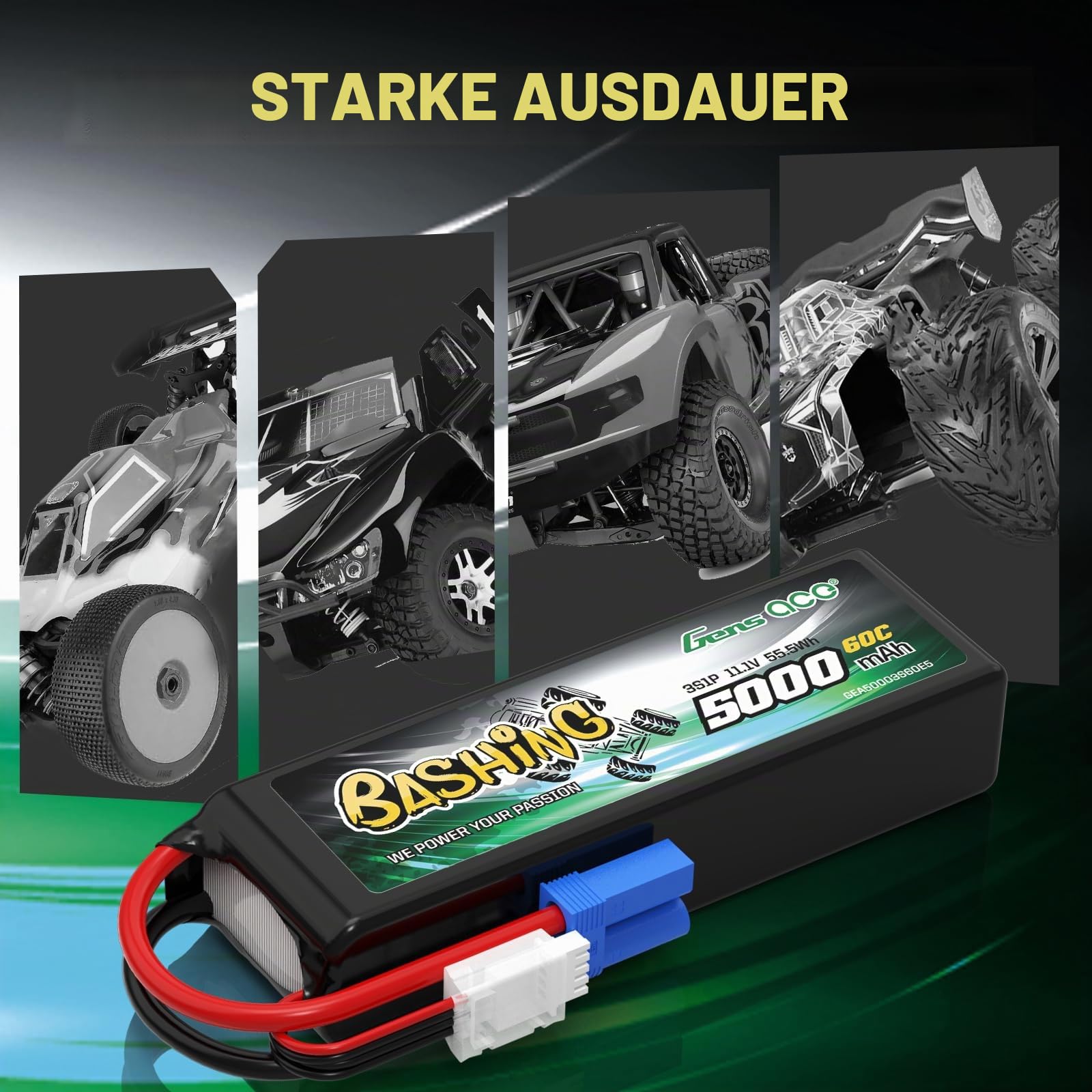 Gens Ace 3S 5000mAh LiPo Akku 11.1V 60C mit EC5 Stecker Bashing Batterie für RC Auto, RC Flugzeug, RC Hubschrauber, RC Hobby
