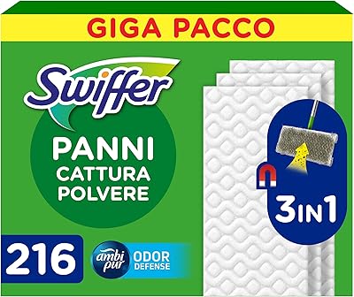Swiffer Panni Cattura Polvere, 216 Panni Microfibra Dry, Cattura Polvere e Sporco, Ottimo per Tutti i Tipi di Pavimenti e per i Peli di Animali, Giga Formato