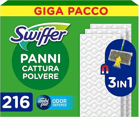 Swiffer Panni Cattura Polvere, 216 Panni Microfibra Dry, Cattura Polvere e Sporco, Ottimo per Tutti i Tipi di Pavimenti e per i Peli di Animali, Giga Formato