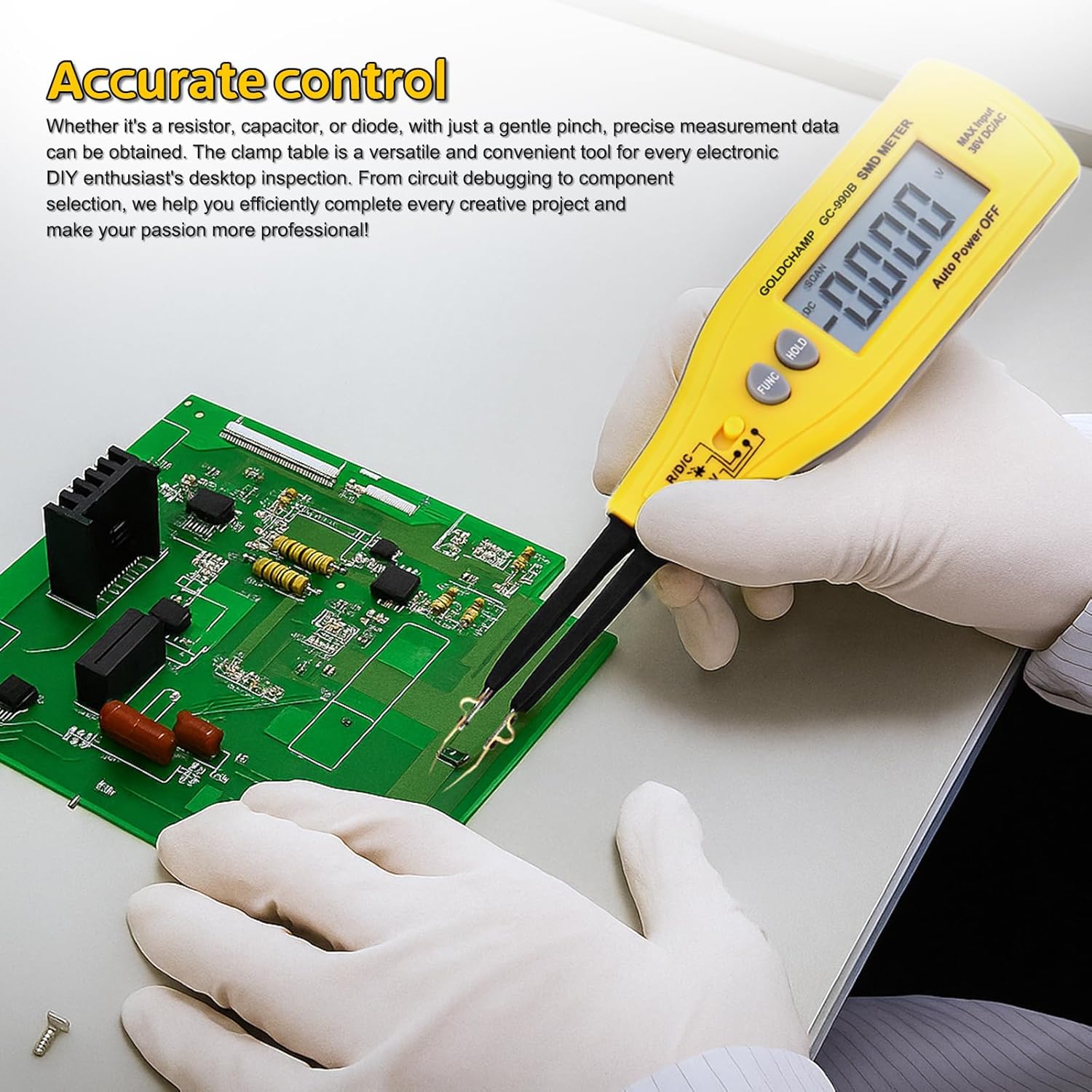 A person wearing gloves using the GOLDCHAMP 990B SMD Tweezers Meter to test a component on a green circuit board.