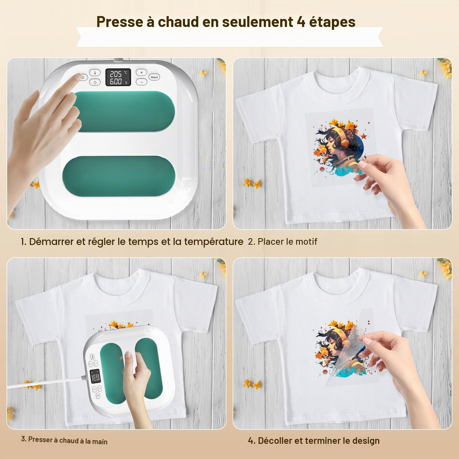 Presse a Chaud Textile,Heat Press Machine 22.5cm*22.5cm,Mini Presse à Chaud avec Minuterie,Temperature Control,pour T-Shirts, Sacs Transfert de Chaleur