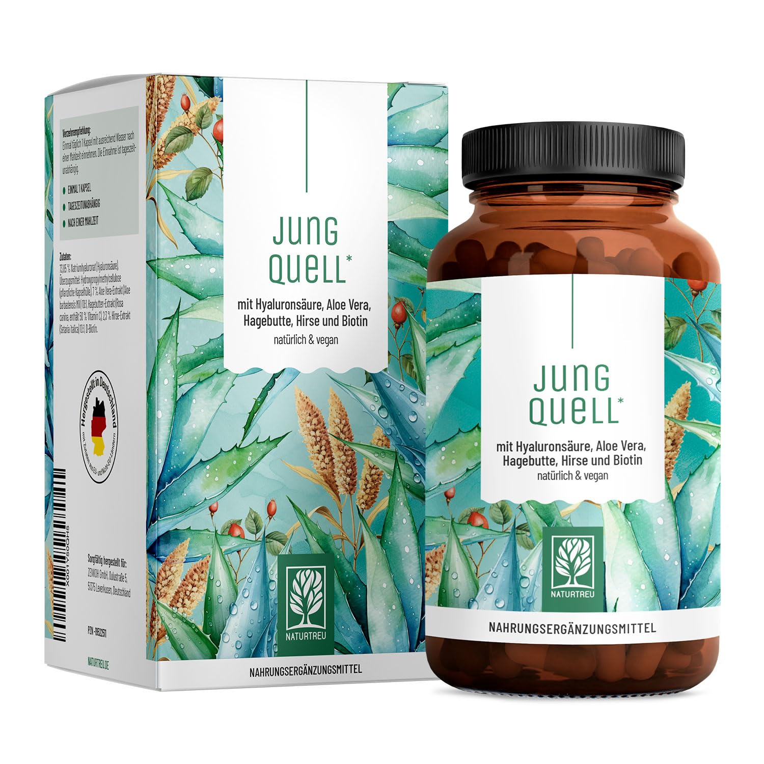 NATURTREU® Hyaluron Kapseln mit 500 mg Hyaluronsäure hochdosiert mit Aloe Vera, Biotin & Vitamin C - 90 Kapseln für Haut* und Gelenke** - Natürlich und vegan