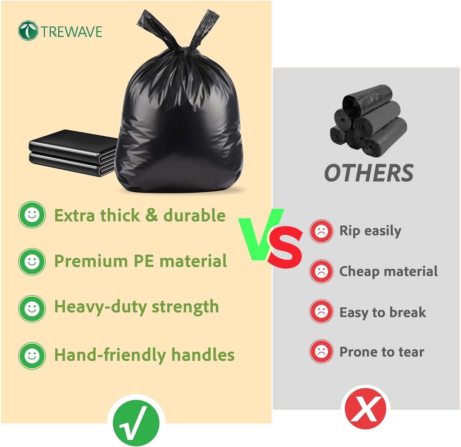 TREWAVE 100 Count 55-60 Gallon Trash Bags with Handles, Heavy-Duty Thick Large Black Garbage Bags, 50 Mic Jumbo Size Plastic T Shirt Bag for Outdoor Yard, Construction, Industrial and Commercial Use