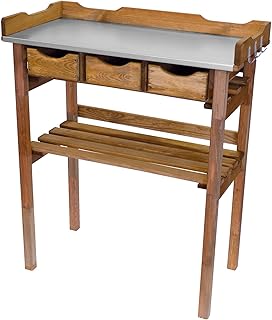 Pflanztisch für den Garten, 3 Schubladen, Holz, verzinkte Metall-Arbeitsfläche, braun, ca. B80 x T40 x H86 cm