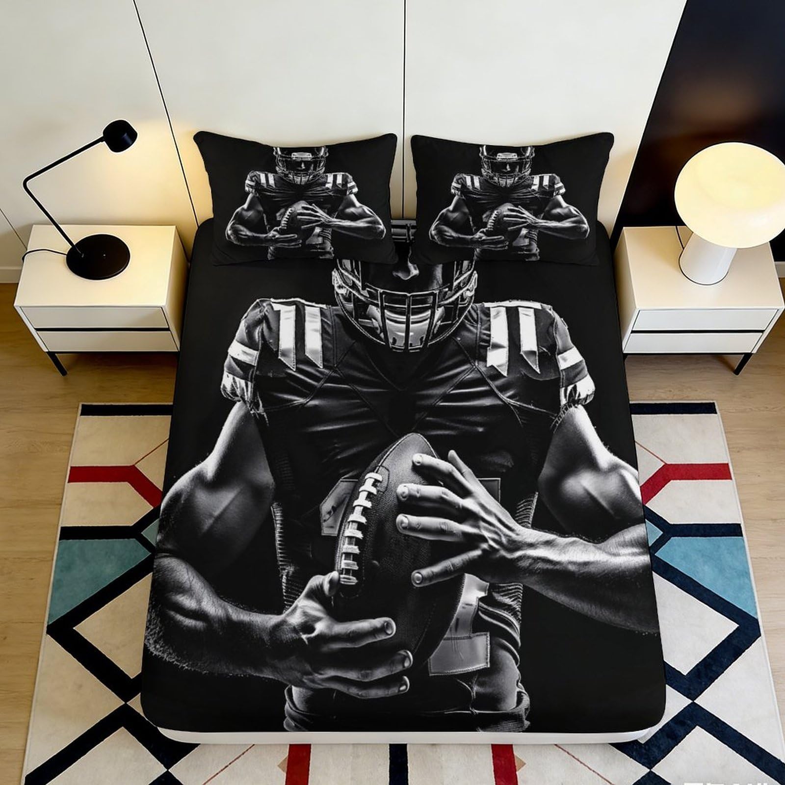 3D Printed American Football Player Black Fitted Sheet Microfiber Durable Breathable Sports Mattress Cover for Bedroom Dormitory Guest Room Decor 180x200x25cm