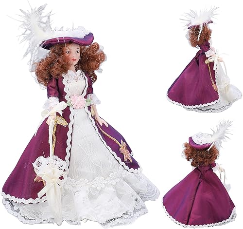 Miniatura 8 de Mujer victoriana de porcelana en miniatura sombrero de falda púrpura oscuro muñeca de cerámica para mujer estilo victoriano falda púrpura oscuro