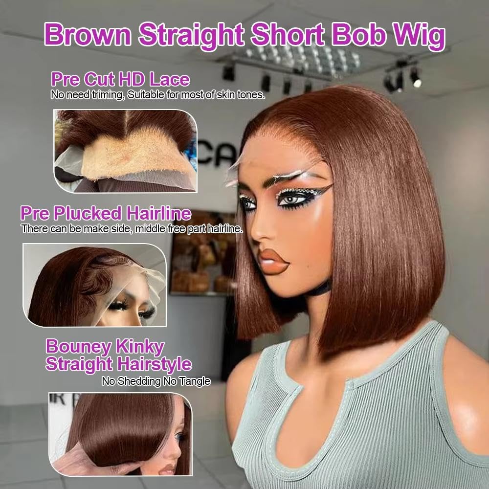 Accessori Parrucche Parrucca Caschetto Corto 100% Capelli Umani Senza Colla 13x4 HD Frontale In Pizzo Marrone Cioccolato Prepizzicato(13x4 HD Lace Wig,250%_14INCHES)