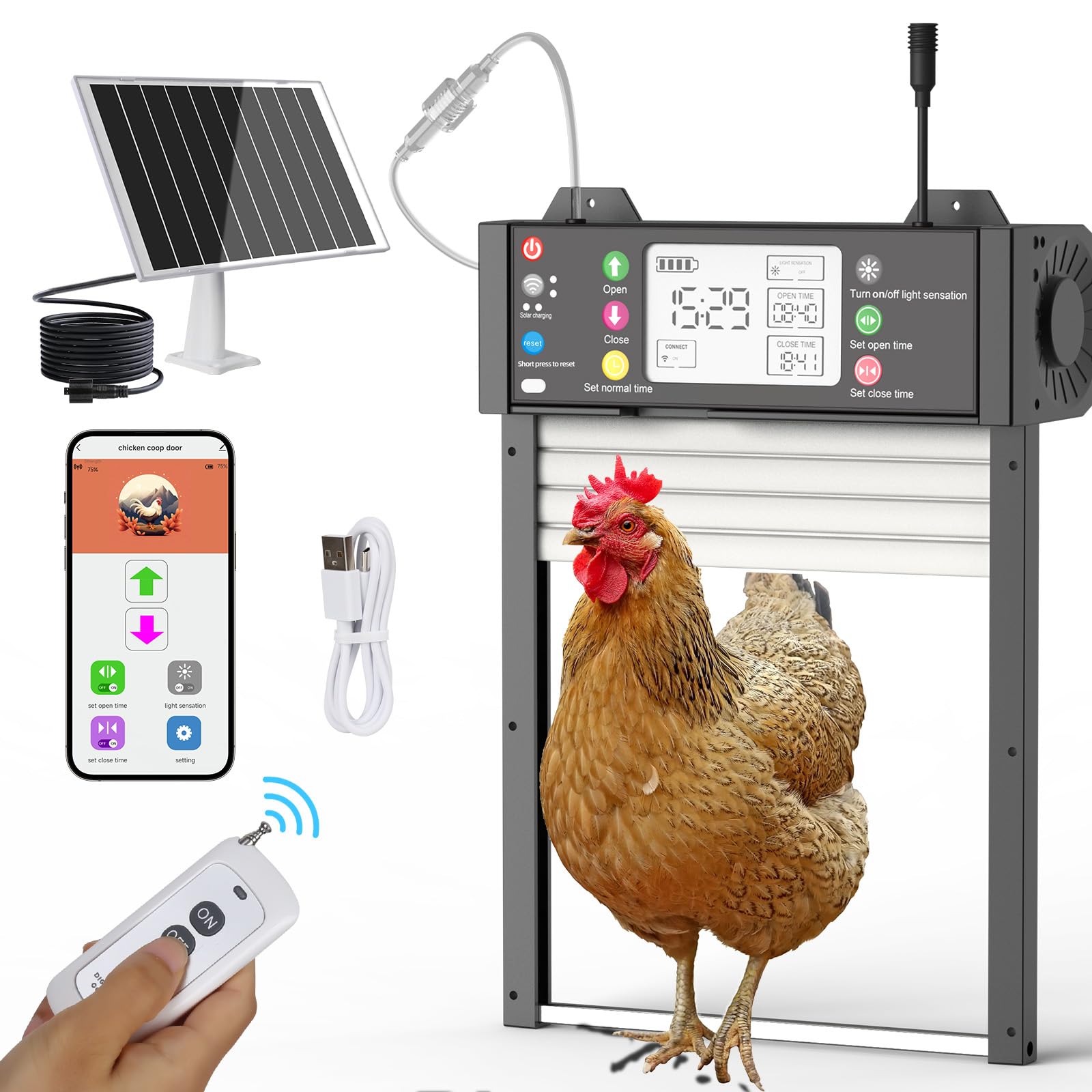 SARELLIT Automatic Chicken Coop Door Solar Powered WiFi Tuya App Electric Chicken Door with Remote Control Light Sensor Timer and Manual Control, Black