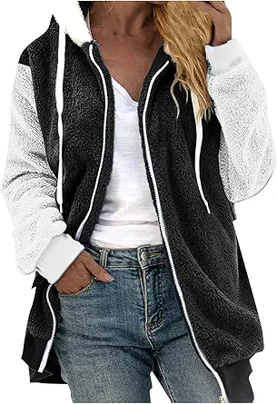 Fuzzy Fleece Jackets for Women Plus Size Hoodies Fall Winter Coats Color Block Patchwork Cardigan Coat with Pockets