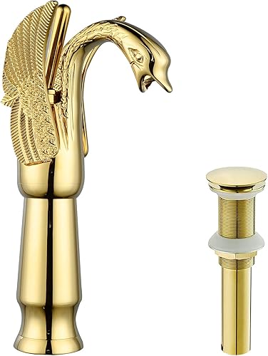 BWE Grifo de cisne de un solo agujero, dorado, a juego, desagüe desplegable sin tapón de desbordamiento y línea de suministro, grifo de lavabo de