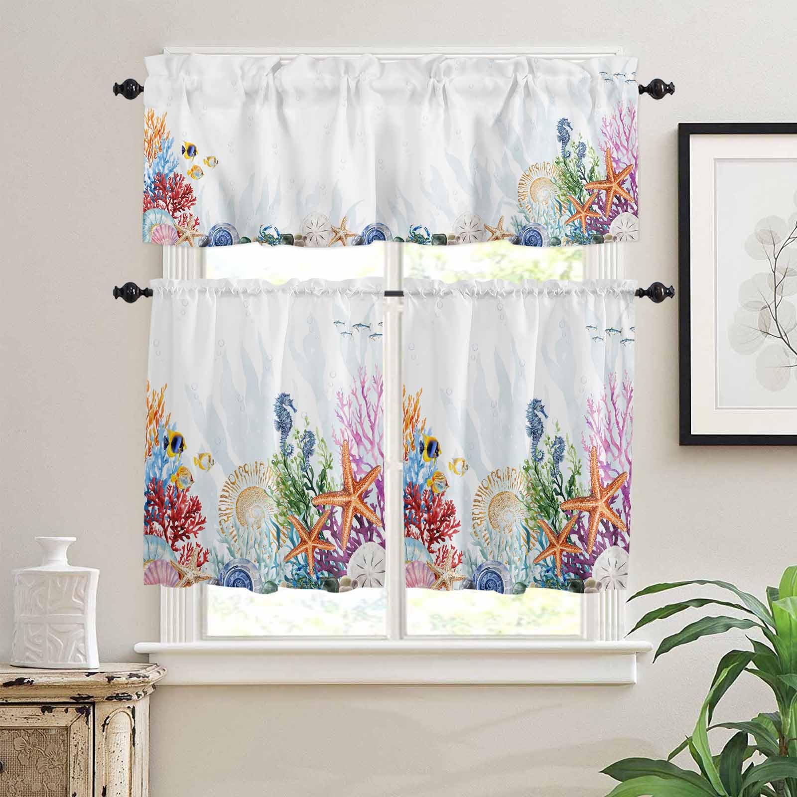 Coastal Kitchen Curtains 24 Inch Length, 3 Piece Rod Pocket Small Half Tiers and Valance Set, Blue Summer Beach Nautical Starfish Coral Small Large Window Treatment Decor for Bedroom/Bathroom Sink