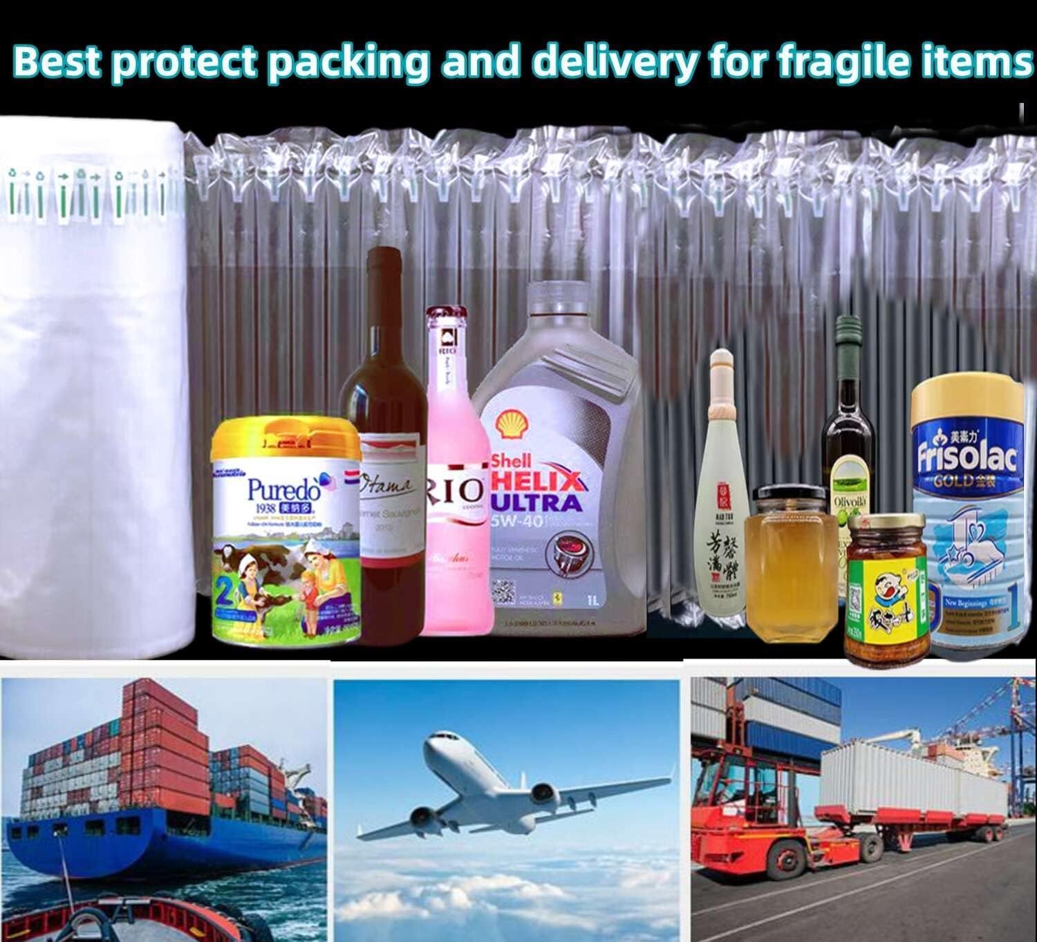 Inflatable Bubble Cushioning Wrap Roll - 12" x 164' Heavy Duty 55um Air Column Wrap, Packing Material for Wine Glassware, Fragile Ship Moving Supplies with Hand Pump &Clamps