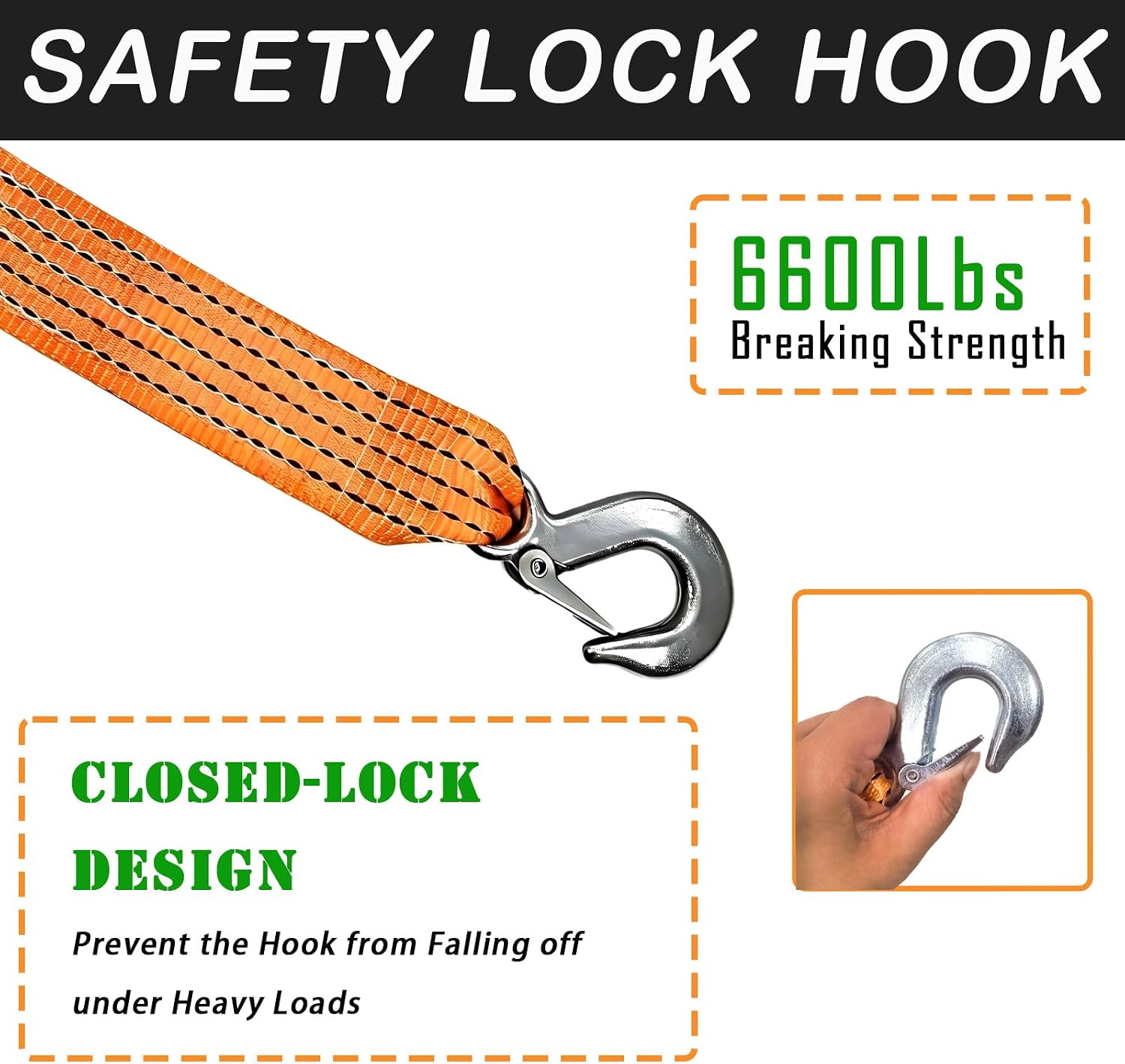 Tow Strap Heavy Duty with 2 Hooks 2in×20ft with 6600Lbs Breaking Strength Heavy Duty Emergency Towing Strap with Forged Steel Hooks for Roadside Recovery, for Car, Truck, ATV, SUV, Boat and Tree Saver