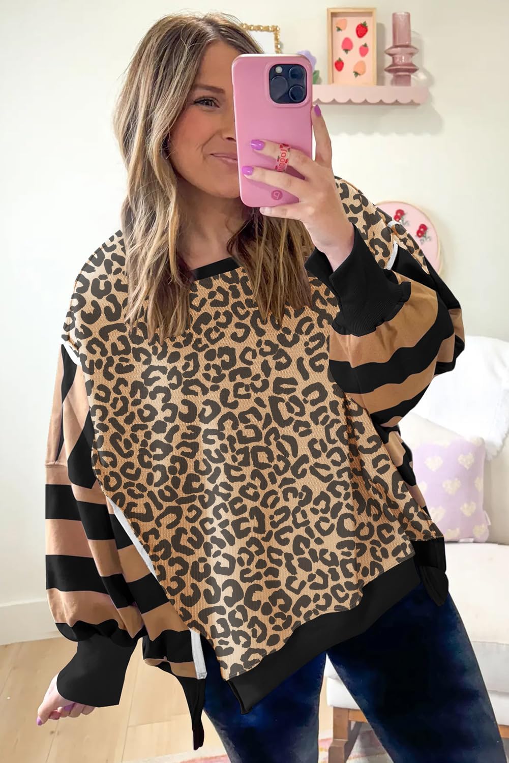 Striped Leopard Sweatshirt for Women Color Block Patchwork Drop Shoulder Side Slit Pullover Shirt Tops - Image 2