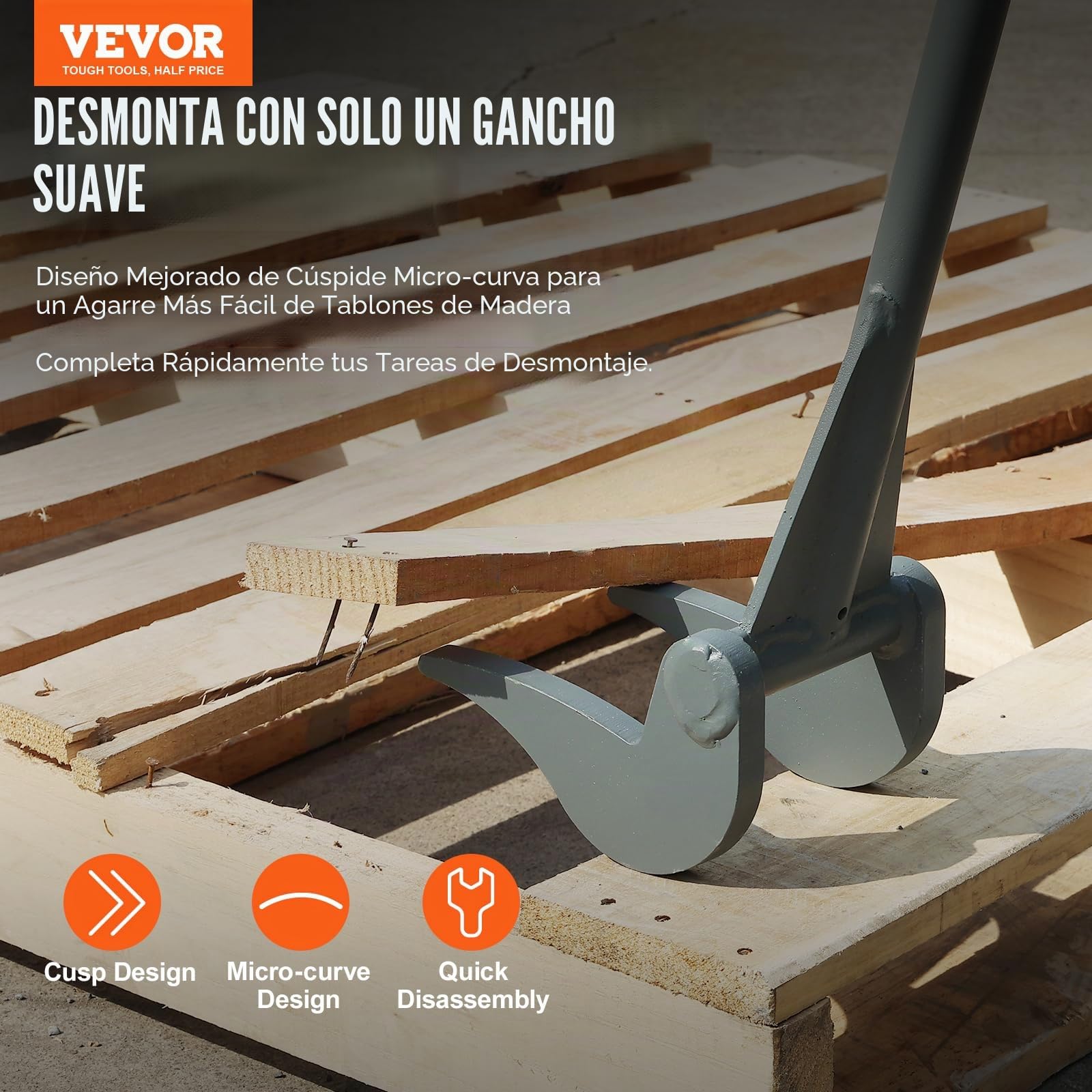 VEVOR Barra de Palanca de Acero al carbono Q235 Extractor de Palés 137,2 cm Capacidad de Carga 907 kg Herramienta de Desmontaje de Madera Mango de 127cm con Guantes para Desmontar Tablas de Extracción