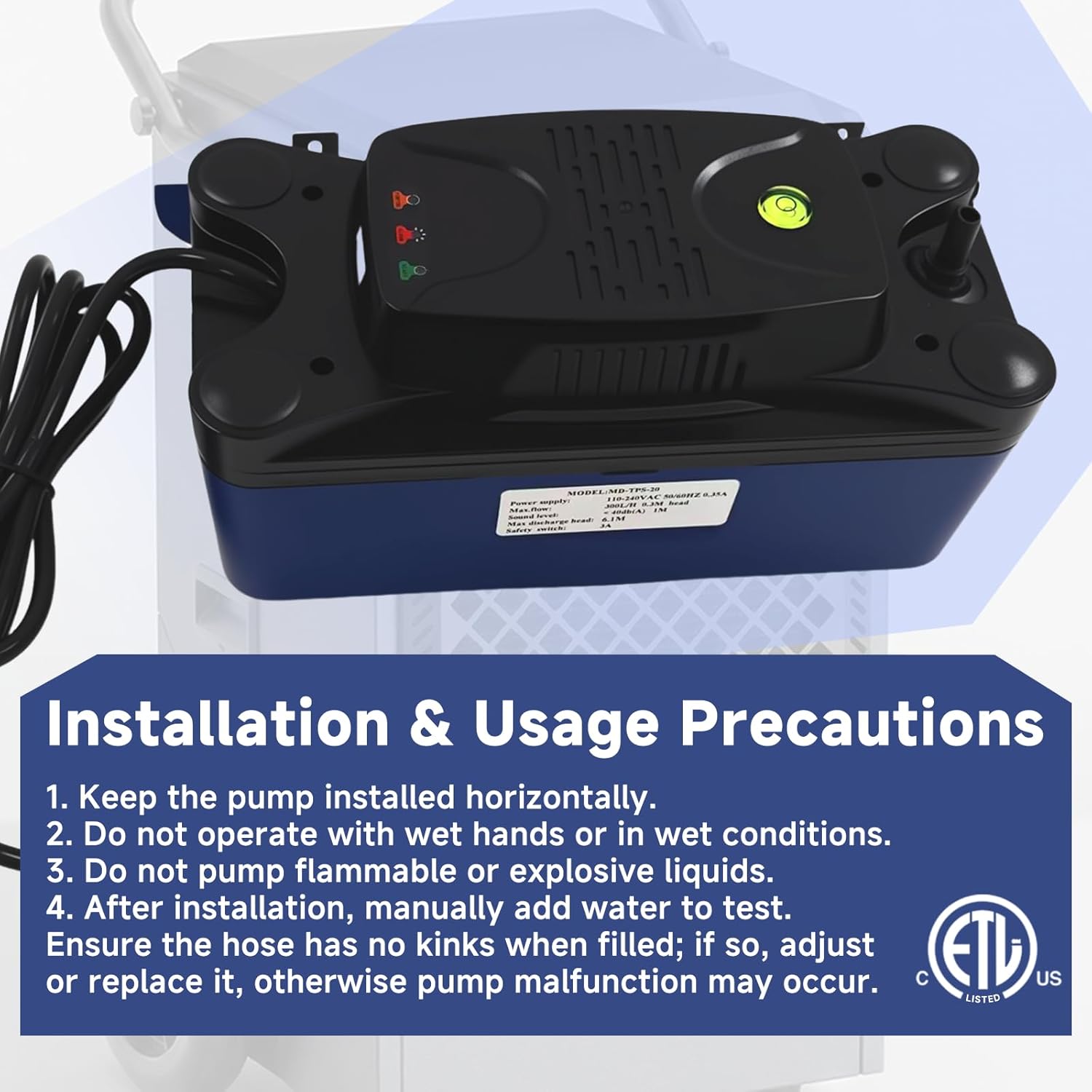 Upgraded TPS-20 HVAC Condensate Pump, Auto On/Off Safety Switch, 300L/H (80GPH) 20ft Lift, with 20ft Tubing, 110-240VAC, for AC Units, Dehumidifiers, Ice Makers, Furnaces, Boilers