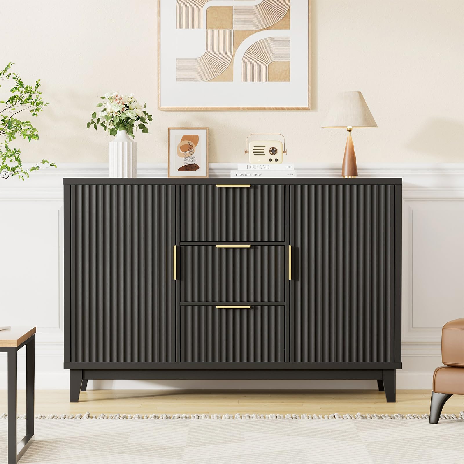 47.2" W Storage Cabinet with 3 Drawers, Fluted Buffet Cabinet with Storage, Large Sideboard with 2 Door, Modern Mid Century TV Stand Coffee Bar Cabinets for Living Room, Kitchen, Entryway