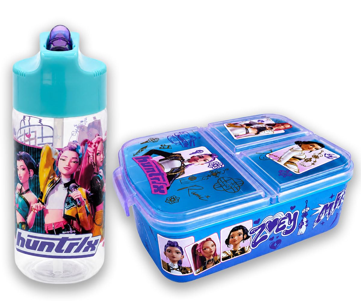 MARUKATSU Kpop Set Sandwichera Infantil con Compartimentos y Botella 410ml para Niños y Niñas | Fiambrera Escolar + Botella Reutilizable |
