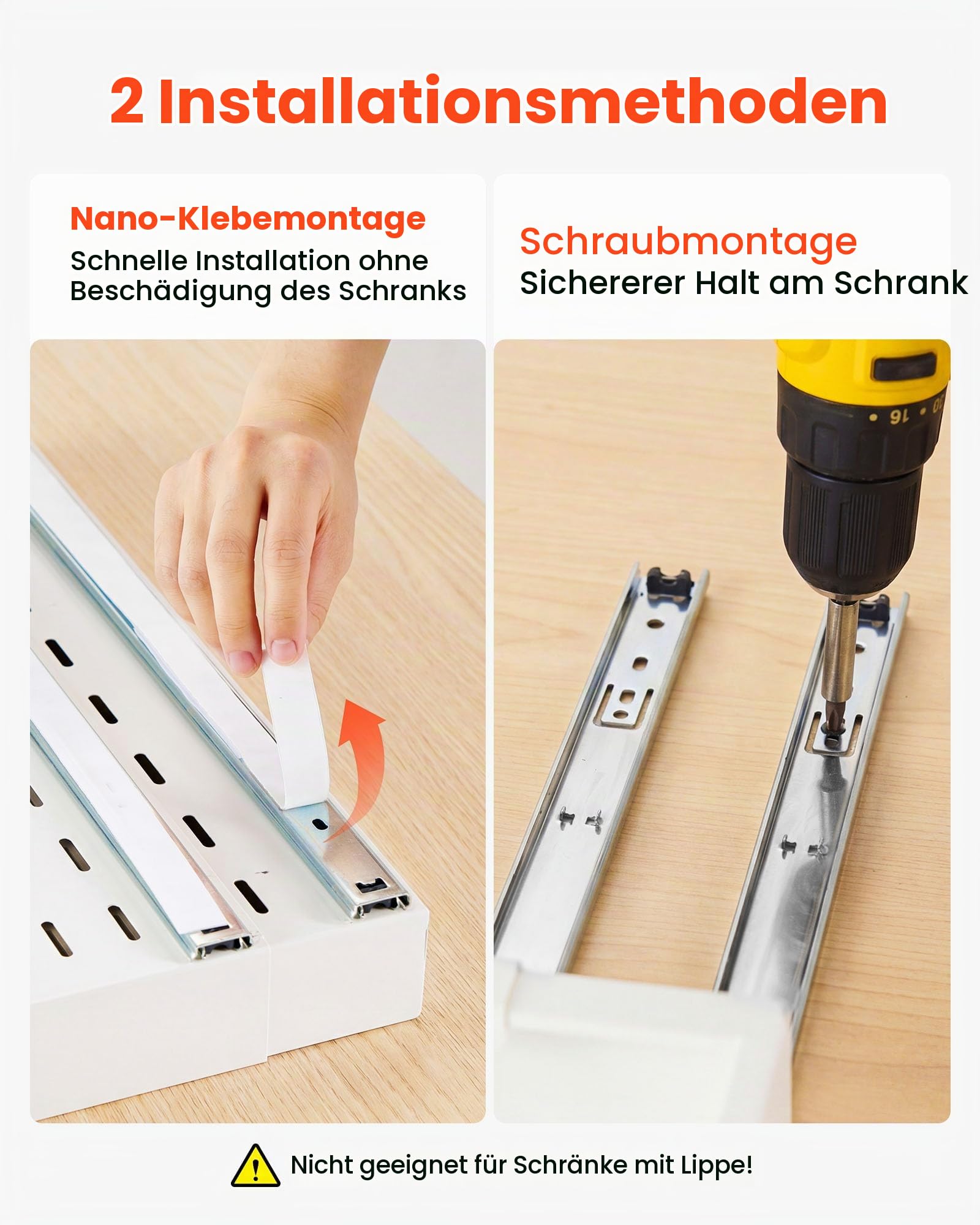 VEVOR 2 x Teleskopschubladen Ausziehbare Küchenschrank-Organizer 31-48 cm, 52 cm Tiefe Auszugsschubladen für Schränke, Erweiterbare Auszugsschubladen für Küchenschränke mit Nano-Klebestreifen (Weiß)