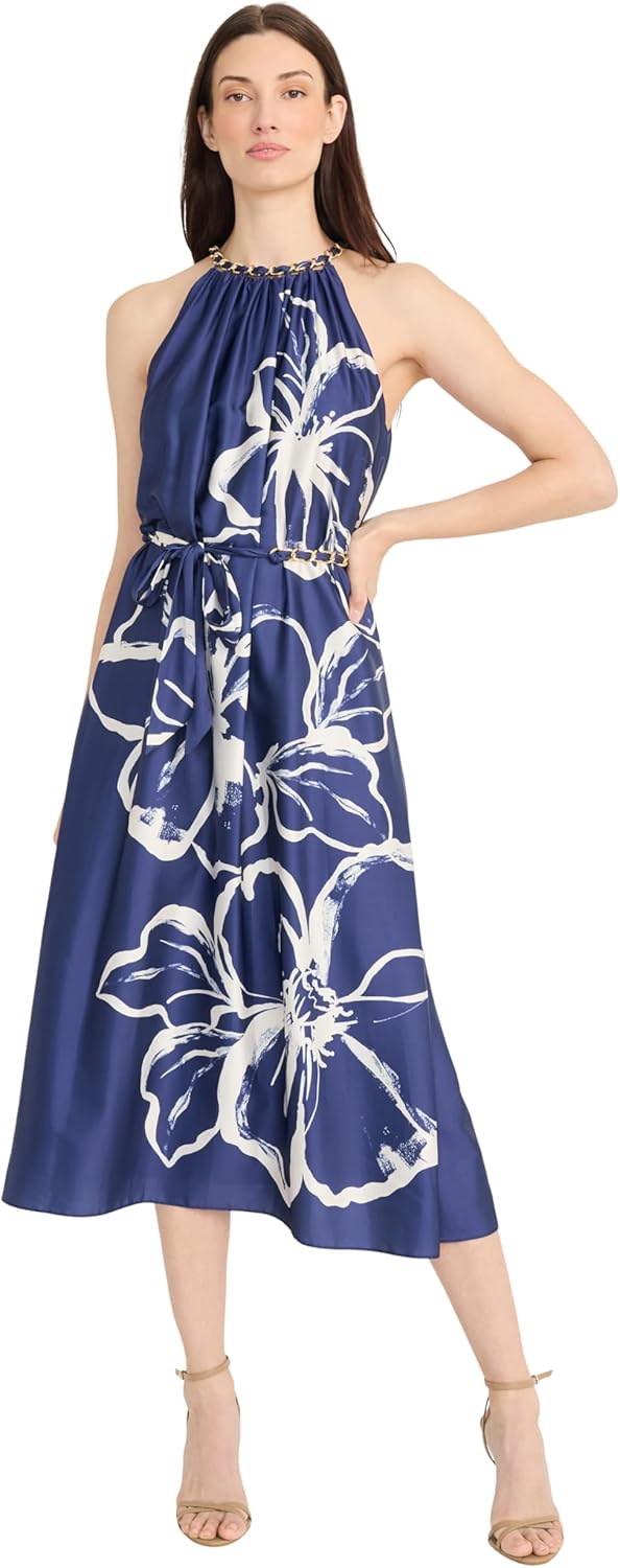 Maggy London Womens Women's Chain Detail Halter Neckline Midi Length Special Occasion A-line Charmeuse - Formal Wedding Guest Dress