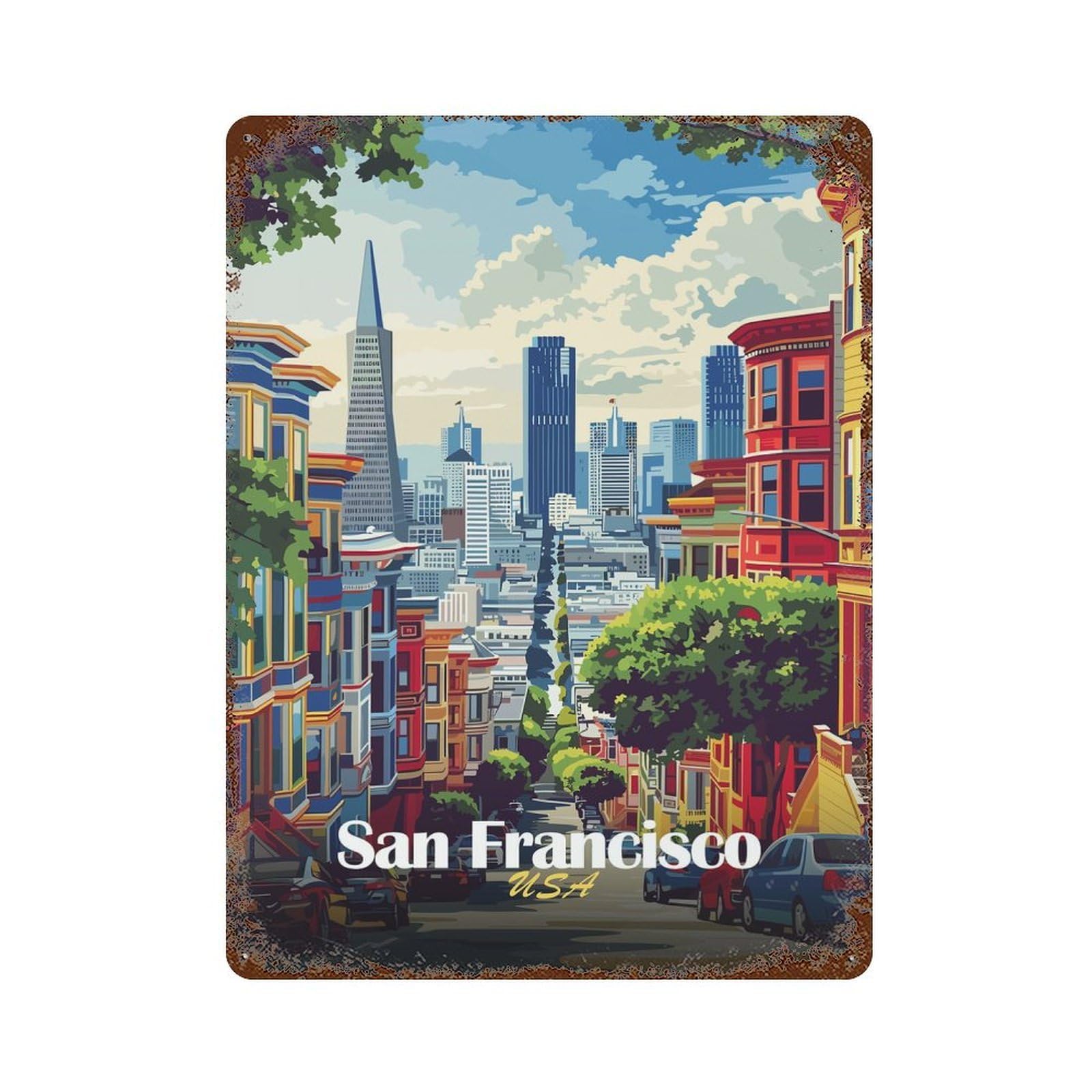 Decorative Tin Sign San Francisco Cityscape Illustration 15.7"x11.8", Vintage Wall Decor for Pub, Kitchen And Man Cave Decor