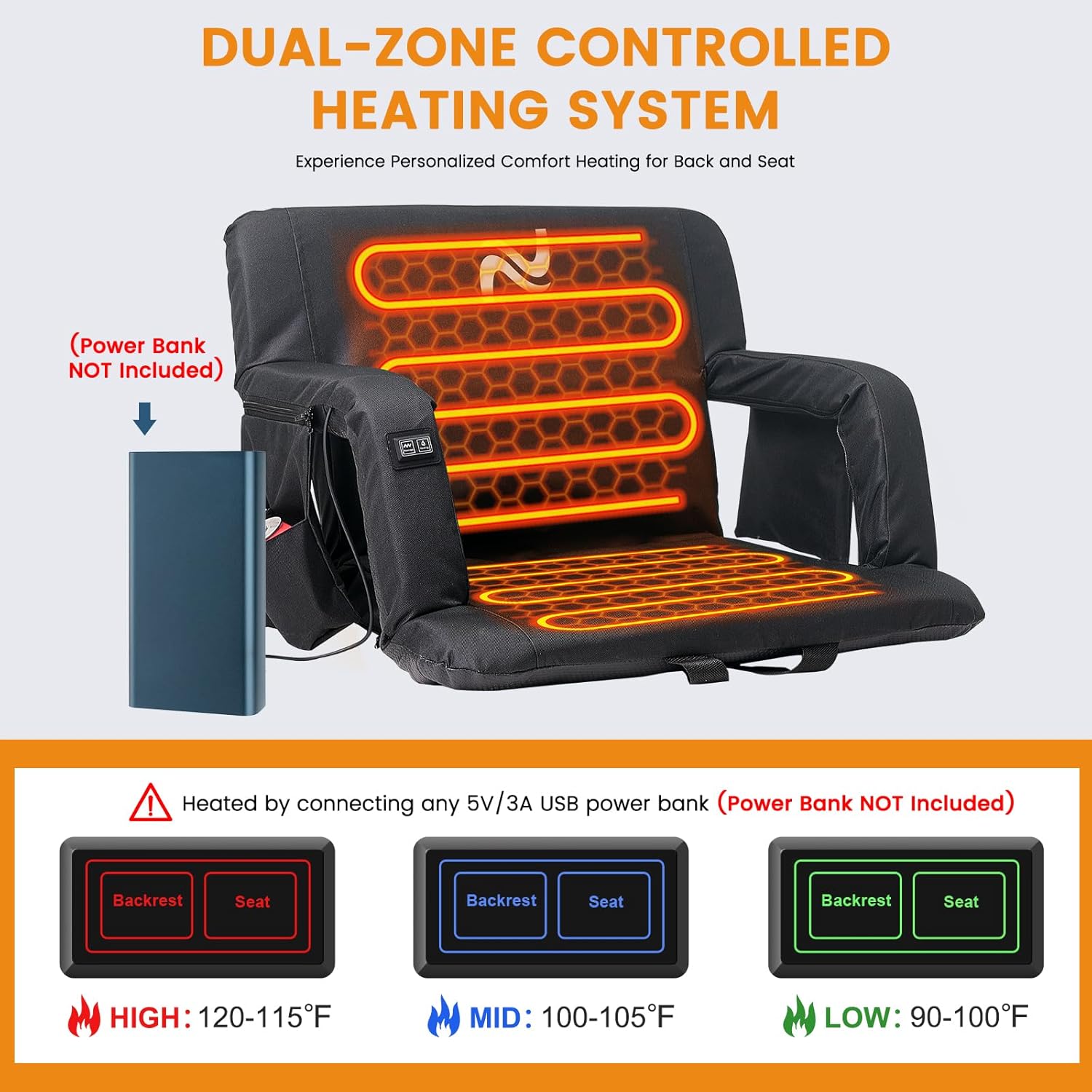LILYPELLE 2Pack Double Heated Stadium Seats for Bleachers with Back Support, 3 Levels Heating Stadium Seating for Bleachers Seat with Backrest, Armrest, Portable Stadium Chair for Outdoor