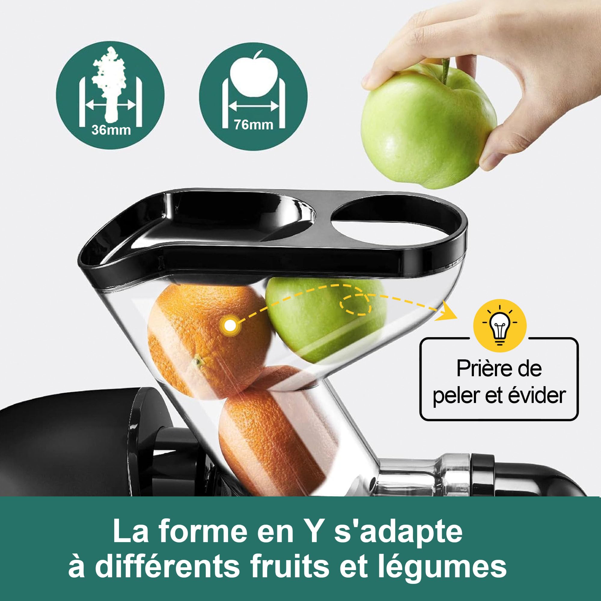 Fretta Extracteur de Jus à Pression à Froid, Goulotte 76 mm, Presse-agrumes sans BPA, Noir