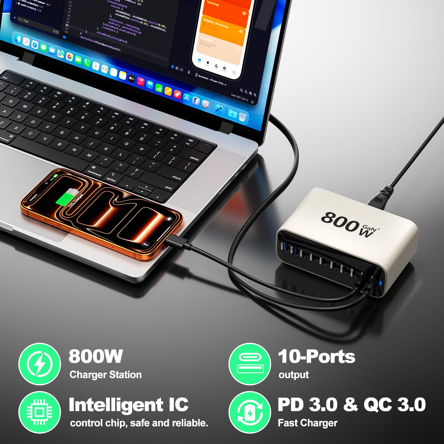 Caricatore USB C da 800 W, GaN a 10 porte caricatore rapido caricatore PD compatibile con MacBook Pro/Air/Dell/iPhone/Galaxy/Laptop/Tablet/Mobile