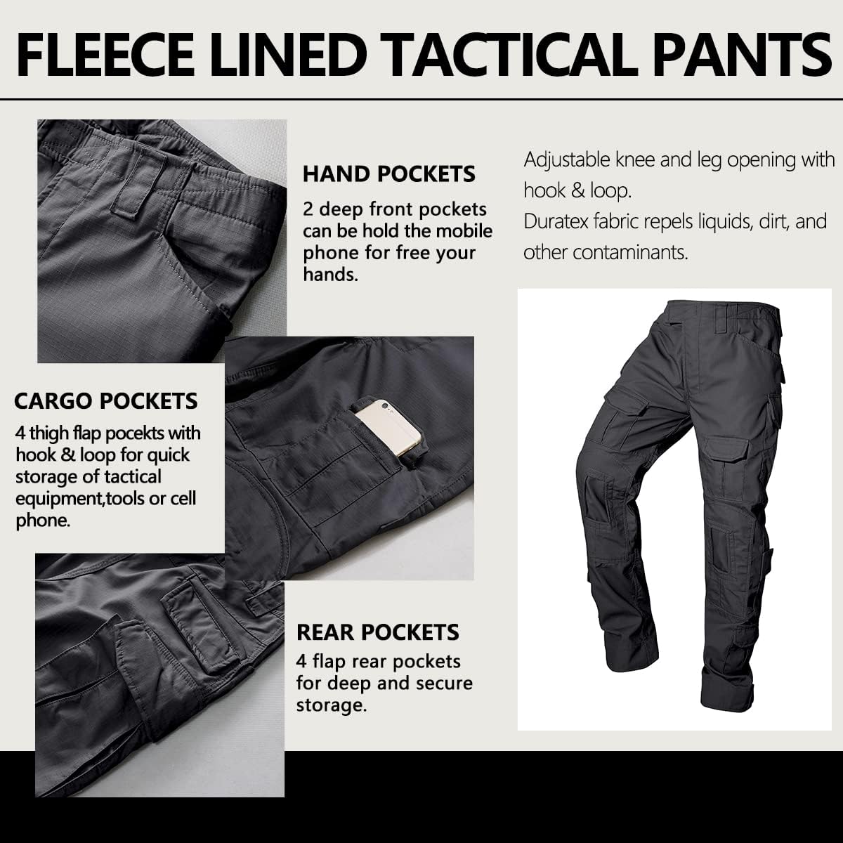 TRGPSG Men's Fleece Lined Tactical Pants Snow Ski Pants Winter Waterproof Hiking Pants with Multi Pockets - Image 5