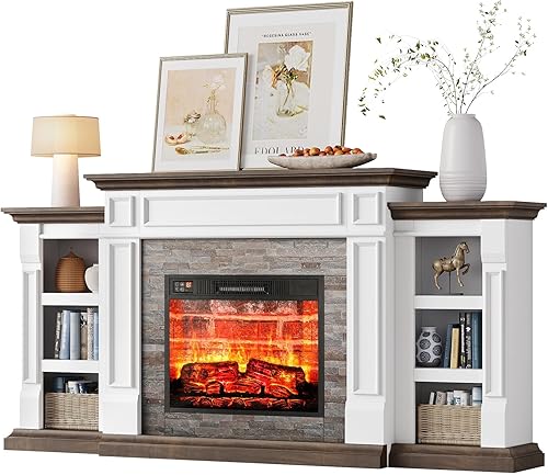 Miniatura 9 de LGHM Chimenea eléctrica de 72 pulgadas con chimenea, soporte de TV para televisores de hasta 80 pulgadas, centro de entretenimiento de granja con