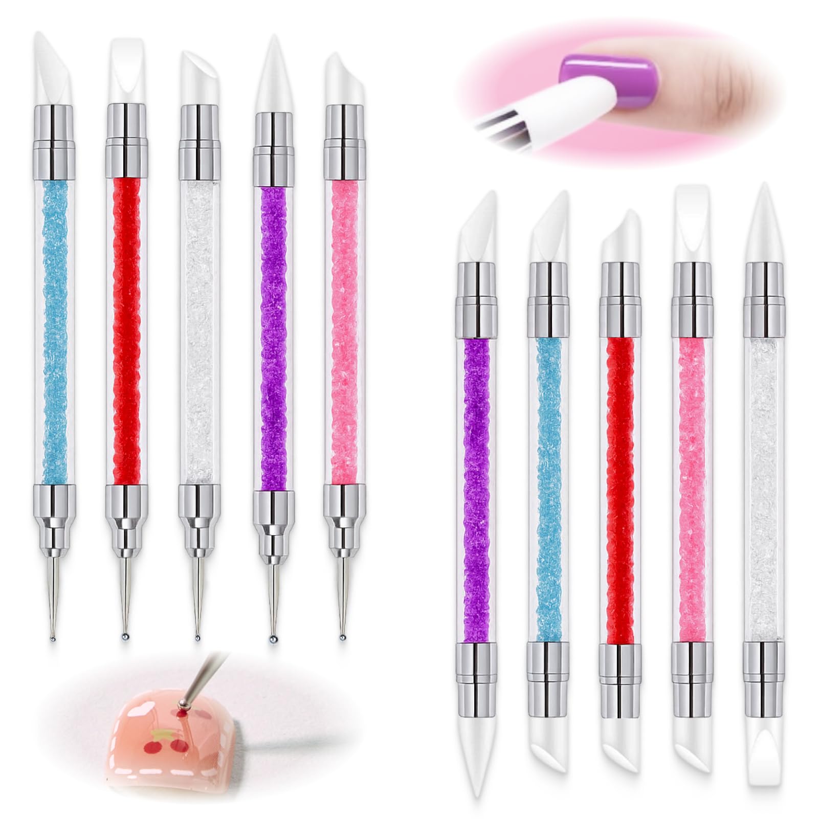 10 pezzi Pennelli Penna Nailart Gel per Intaglio Testine in Silicone Manico Acrilico Set doppia faccia e Penne di Precisione Accessori per Gel, Acrilico, Effetti 3D, Modellare e Decorazione