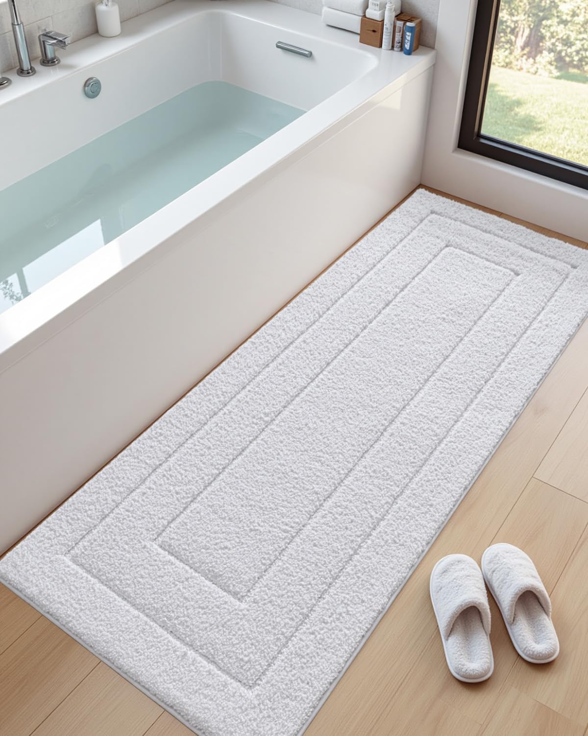 DEXI Bathroom Rug 60x24, Non Slip Washable Bath Mat Runner for Shower Floor, Extra Long Absorbent Soft Bathmat with Rubber Backing, Quick Dry Microfiber Carpet, White 2' x 5' (Rectangular) White