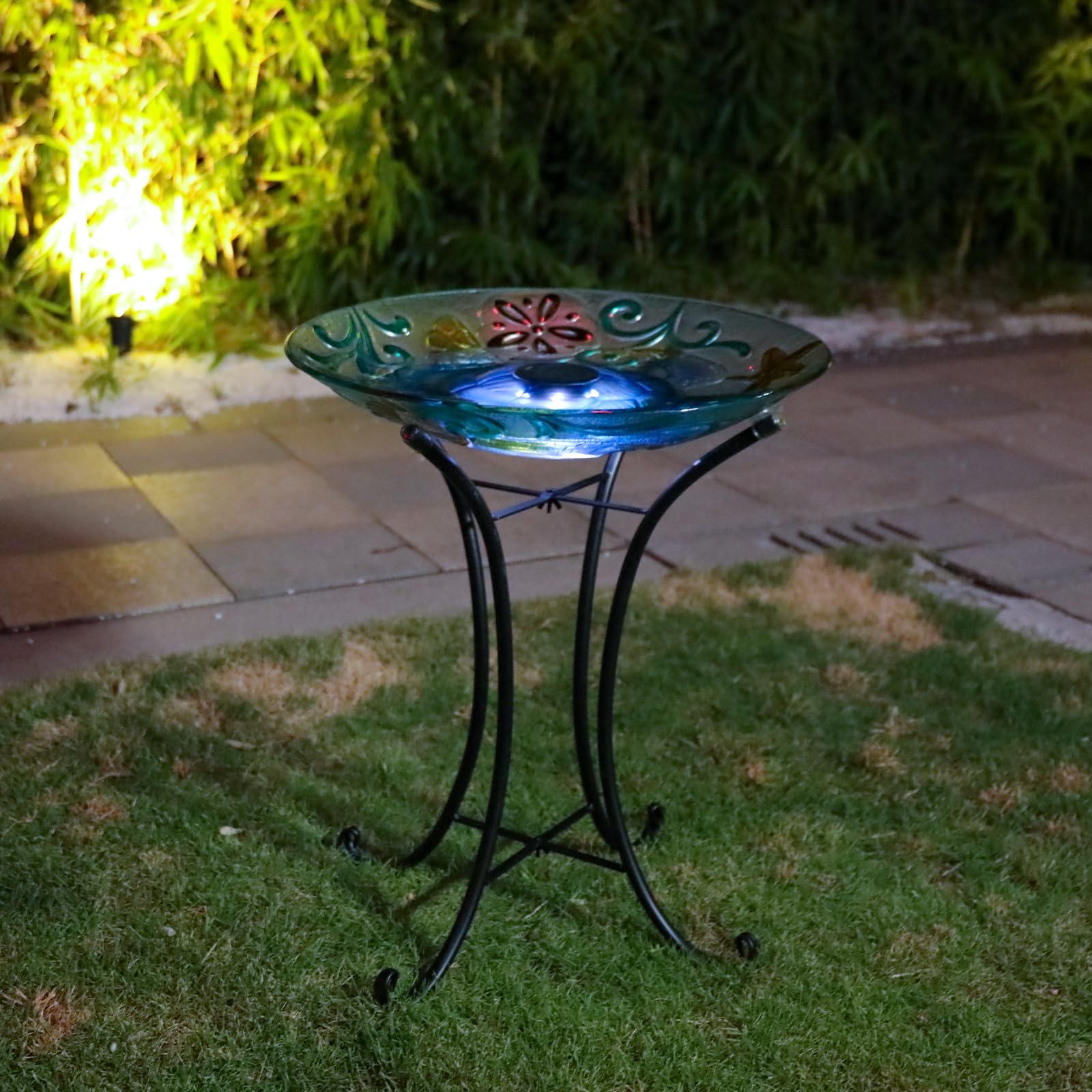 MUMTOP Glass Bird Bath, Bird Baths for Outdoors, Solar Birdfeeder with Metal Stand for Garden, Yard, Lawn Decor Sea Turtle Pattern(Blue, 21.5"X18")