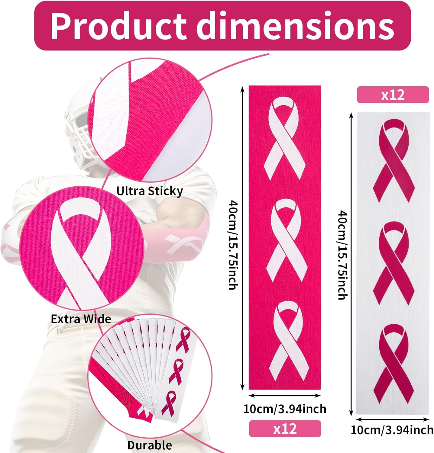 24 Pcs White Pink Turf Tape Breast Cancer Awareness Football Accessories, Waterproof Sweat Proof Breathable Pink Ribbon Athletic Tape，15.75" x 3.94", Breast Cancer Awareness Gifts