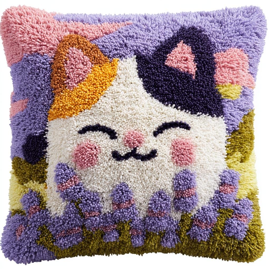 WallustrioaW Latch Hook Pillow Case Kits,Lavender Flowers and Cats