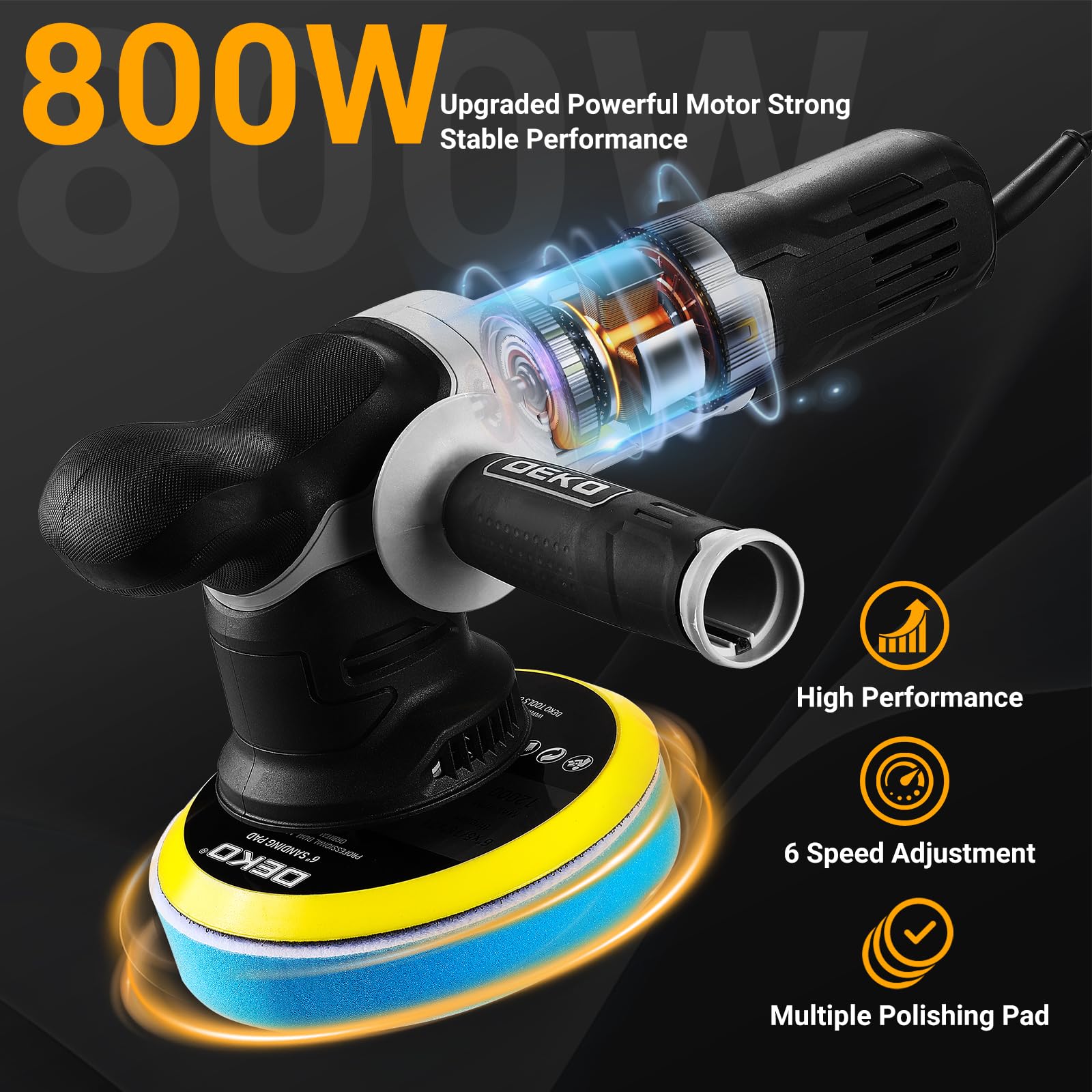 Pulidora de Doble Acción, DEKOPRO 800W Kit Pulidora Coche，con 150MM Almohadilla Abrasiva, 6 Velocidades Variables, 1800-5500 RPM, 9MM Orbital - Para Detallar, Pulir y Encerar el Coche