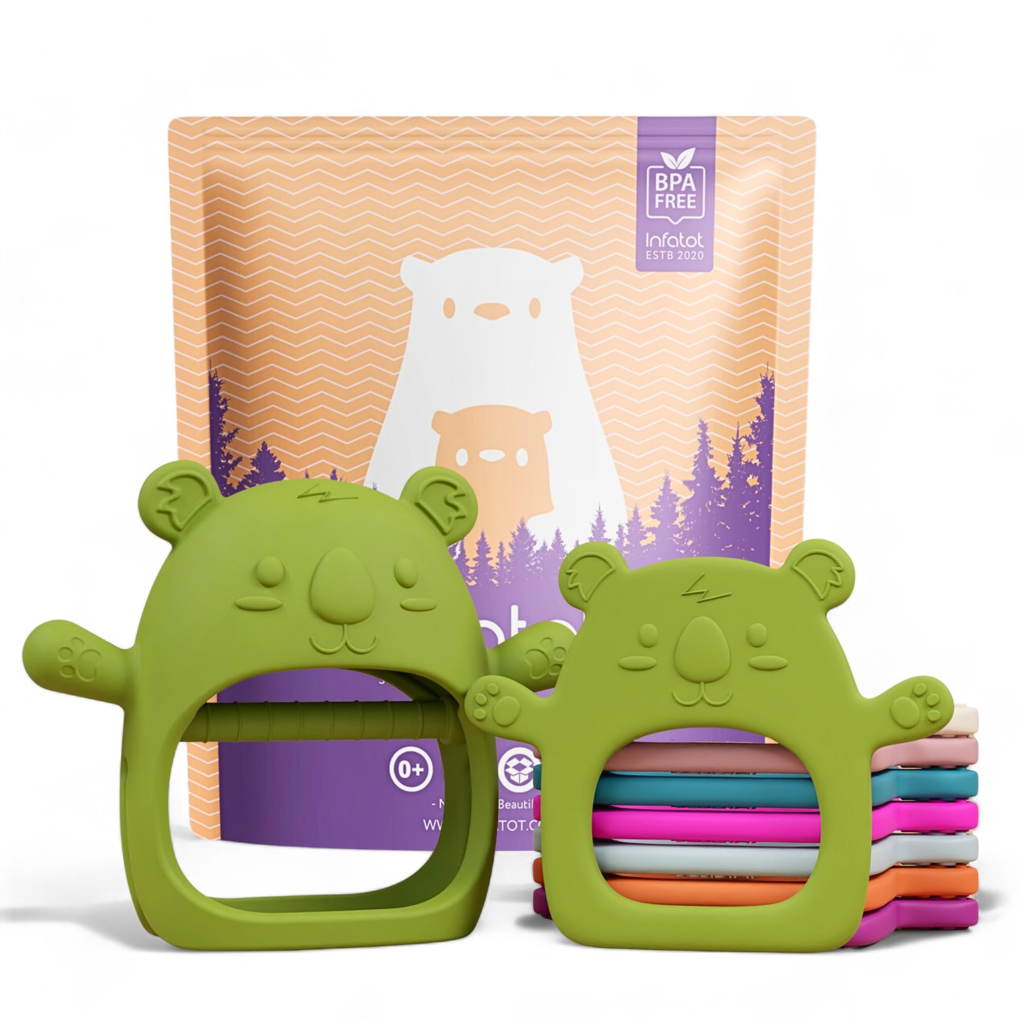 InfatotTeething Toys for Baby Gifts – 2-Pack Koda Koala Teether Mitten Glove, Soothing Hand Teethers for Infants, Baby Toys 0-6 Months and Up, Newborn Essentials for Teething Relief, Jade Green