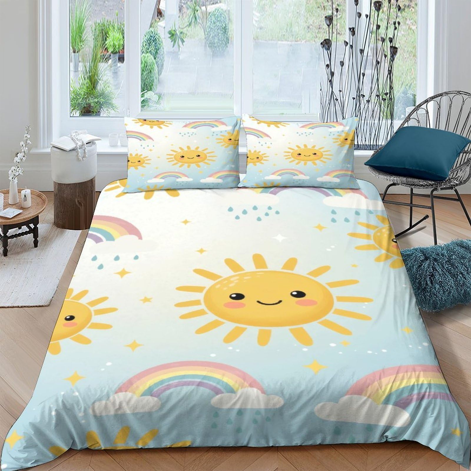 Ctjqhvkz Style-4 3D Printed Sunny Smile Fitted Sheet Microfiber Soft Rainbow Mattress Cover Anti-Slip Bedroom Dorm Decor Easy Care Single（135X200cm）