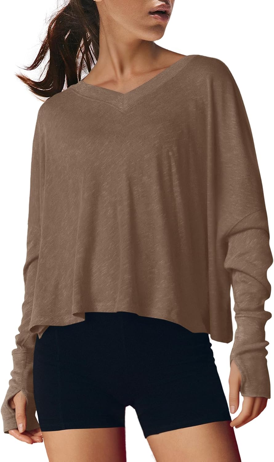 Yanekop Womens Long Sleeve Workout Tops V Neck Athletic Shirts Crop Gym Yoga Tops Basic Boxy Running Tee Shirts