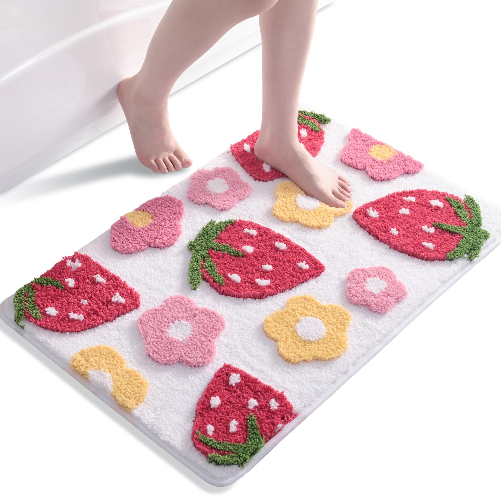 Anybar White Bathroom Rug Cute Strawberry Bath Mat Coloful Bathroom Decor, Funny Flower Rugs Non Slip Floor Mat, Machine Washable Bath Rug Soft