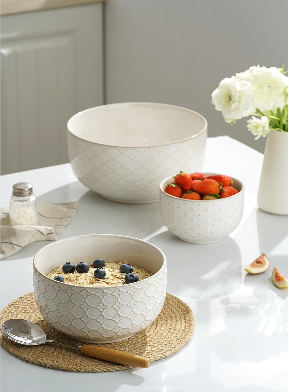 Mikiegy Ceramic Mixing Bowls Set of 4, Nesting Ceramic Embossment Stoneware Mixing Bowls for Cooking, Serving, Popcorn, Salad etc, Microwave & Dishwasher Safe, 20/44/98/145 oz, Off-White - Image 5