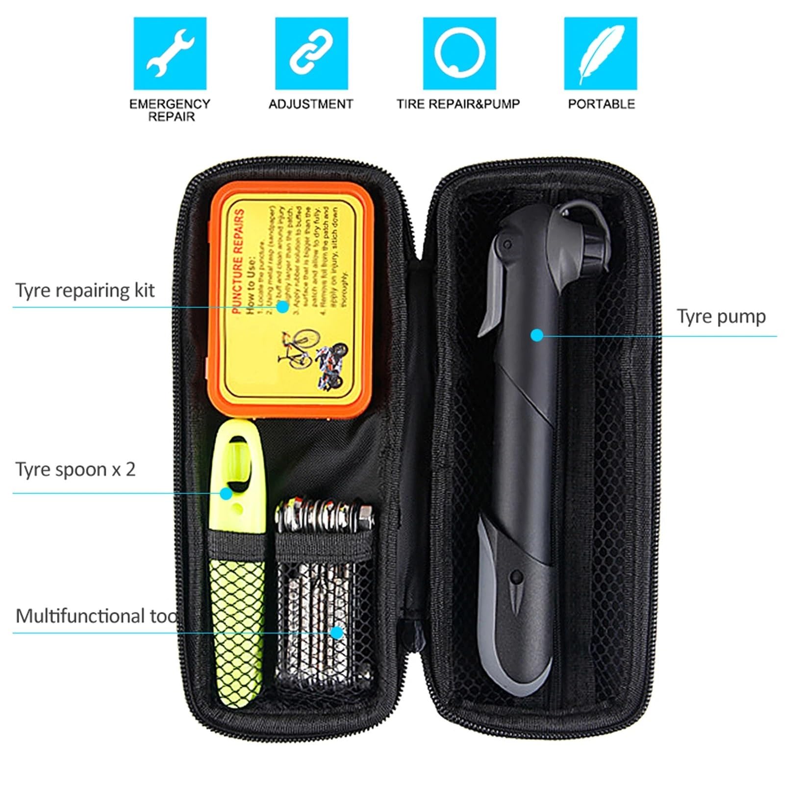 Kit De Herramientas De Reparación Portátil For Bicicleta, Bolsa De Fijación De Neumáticos Multifuncional Con Bomba De Aire Y Parches For Cámara De Aire