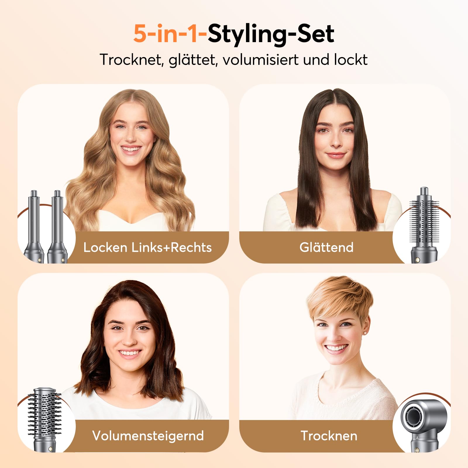 Airstyler 5 in 1 - Bopcal Ionen Föhn 160000 U/Min High-Speed Haartrockner für Schnelltrocknend, Multi Hairstyler mit Automatischer Luft-Lockenstab, Zum Volumisieren und Locken, Geschenk für Frau
