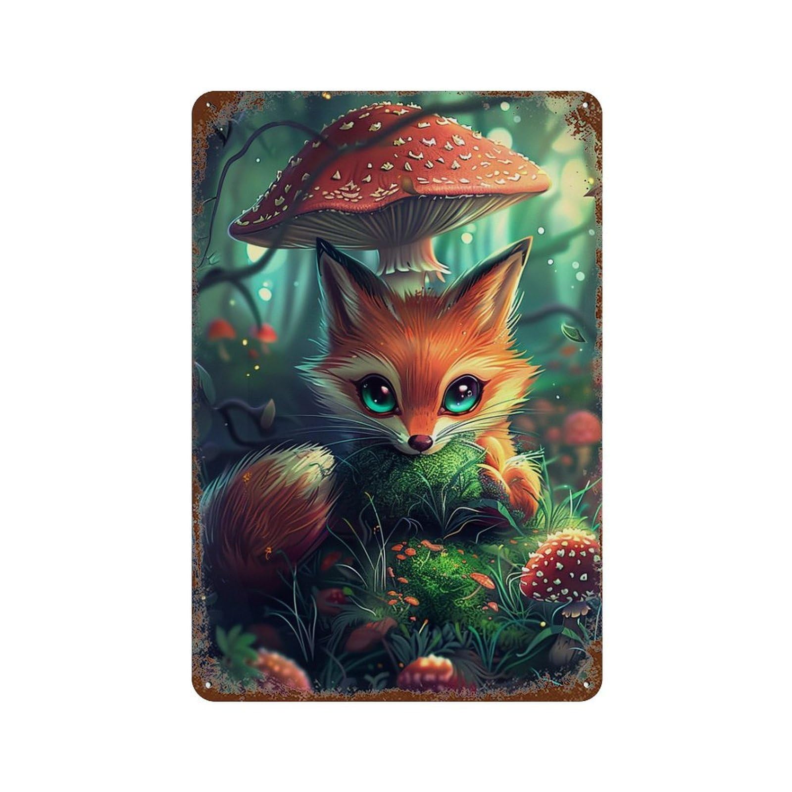 Mystical Forest Fox 11.8"x7.9" Decorative Tin Sign, Retro Wall Decor for Bistro, Counter And Cafe Decor