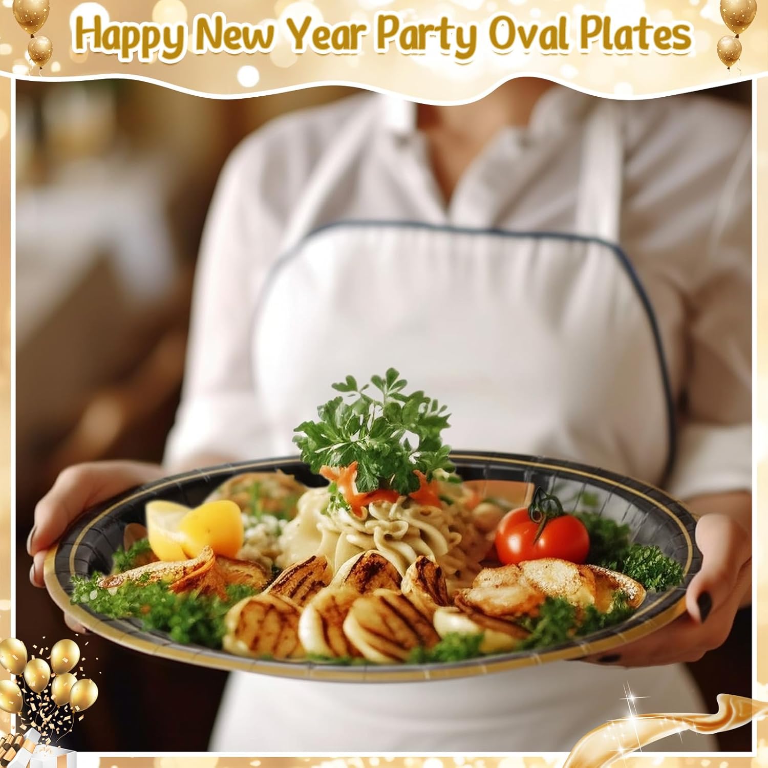 Jenaai 100pcs Happy New Year Oval Paper Plates Bulk 10.6" x 12.6" New Year Eve Party Decorations Disposable Black and Gold Color Dinner Plates Large for Spring Festival Party Tableware Supplies
