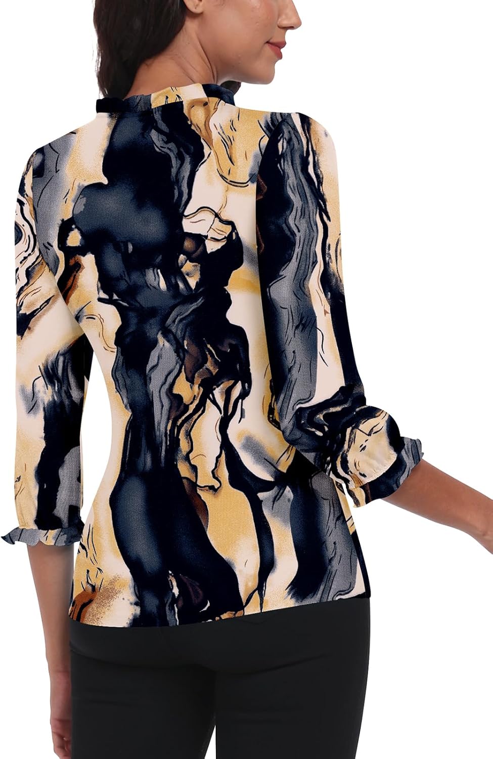 WOWENY Womens 3/4 Length Sleeve Top Shirts V Neck Button Down Blouses Business Dressy Causal Work Office Ruffle Tee - Image 6