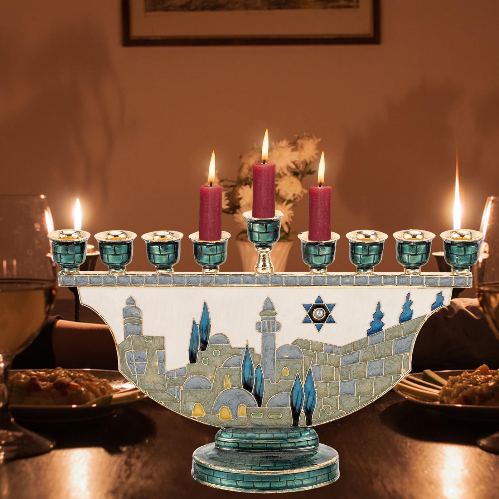 GLEAVI Candelabro de Chimenea Metálico Nueve Brazos para Velas Cónicas, Soporte para Decoraciones de Hanukkah y Eventos Familiares